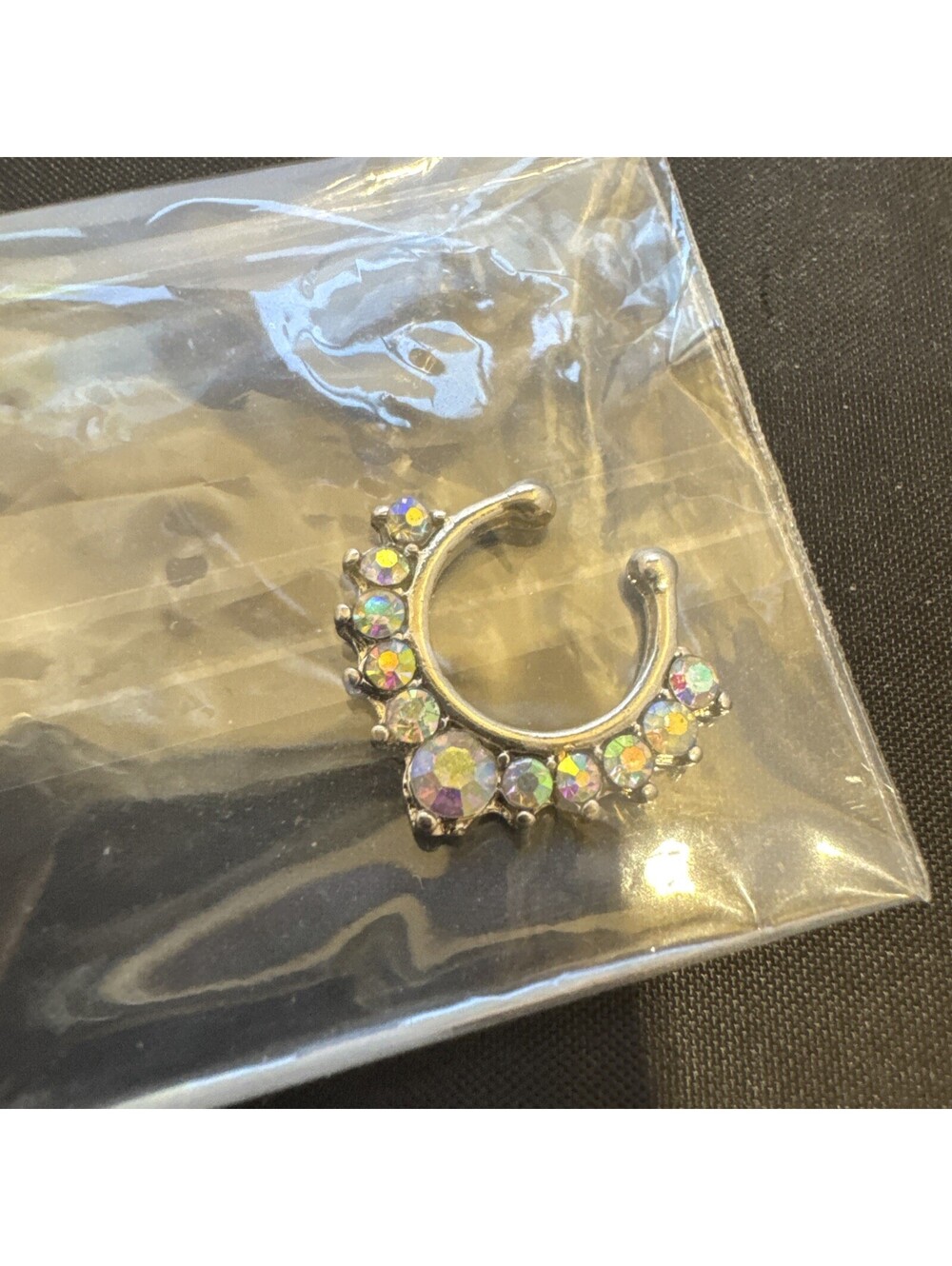 NWT Stunning Silver Iridescent Colored Rhinestone Septum Ring